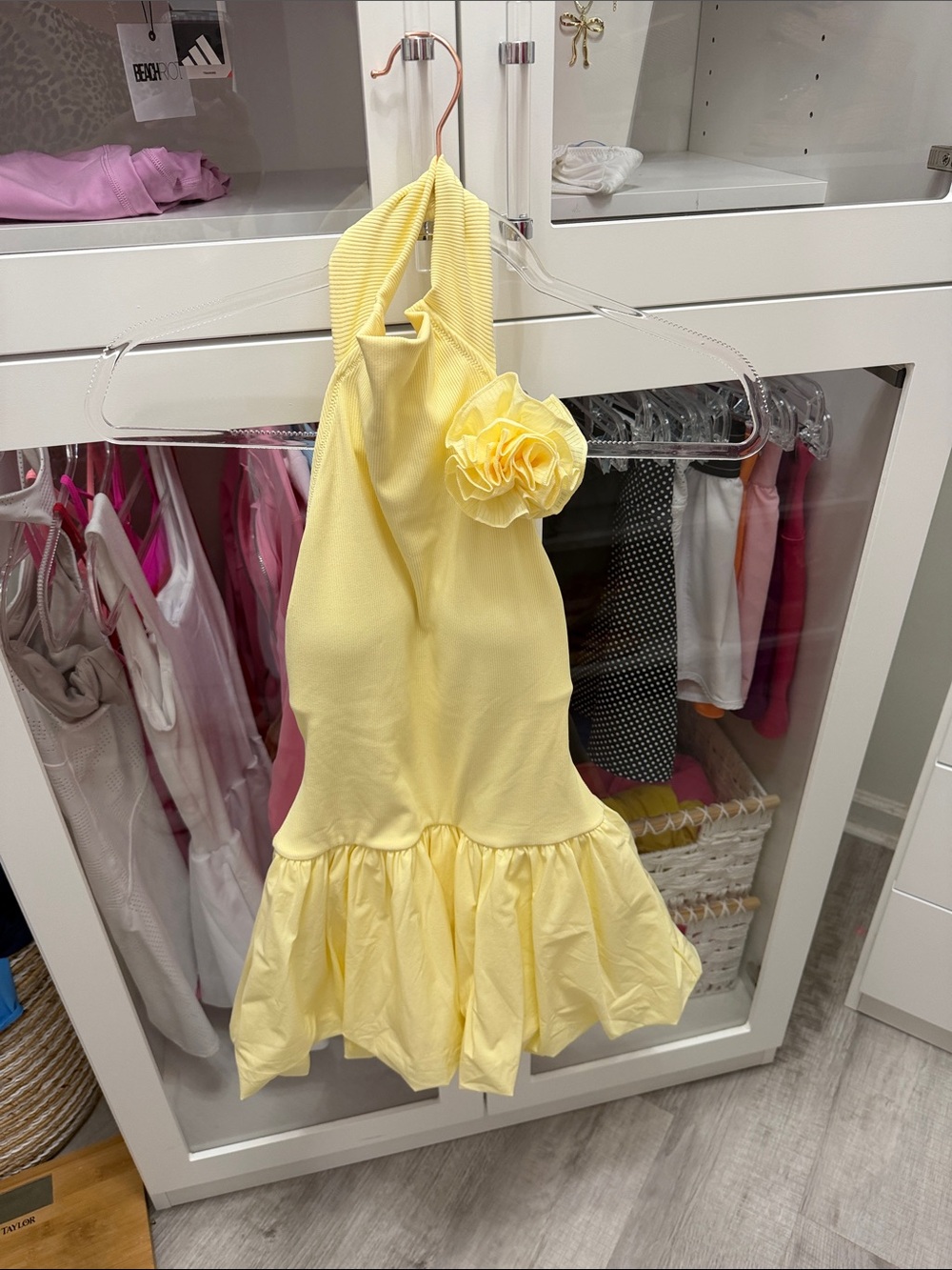 Yellow Halter Skater Dress with Flower Accent